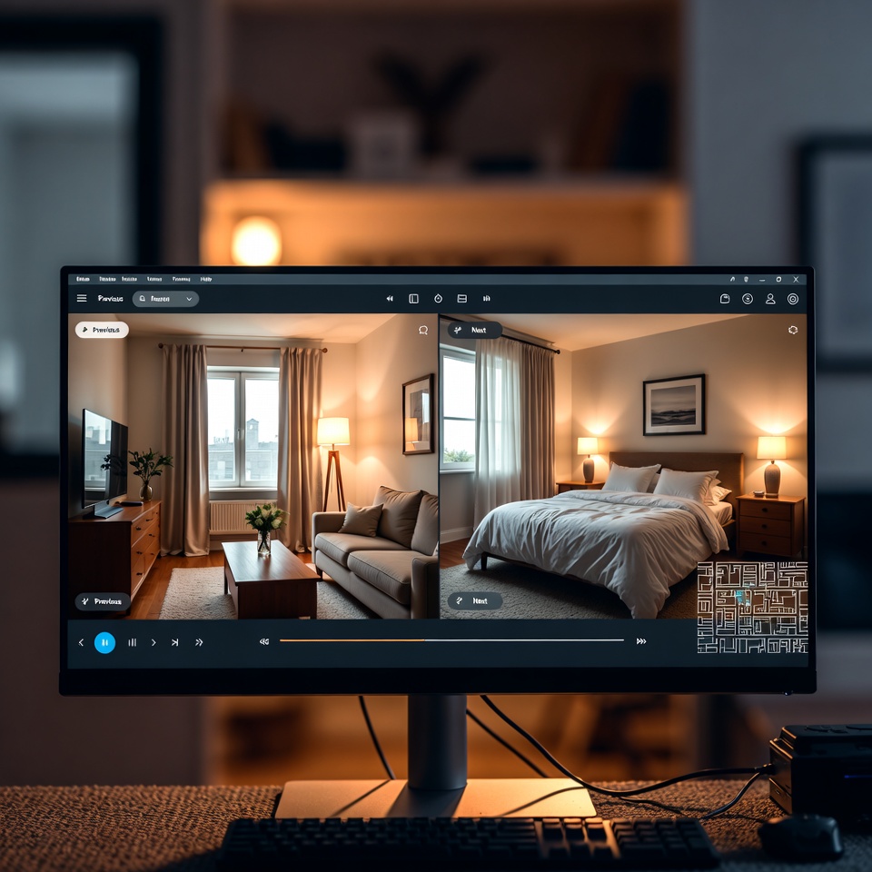 Computer monitor displaying a 360 virtual tour of a modern living room and bedroom for real estate.