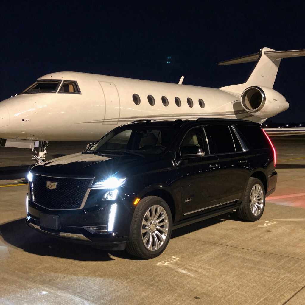 Luxury black Cad SUV providing airport chauffeur service next to a private jet on a tarmac at night.