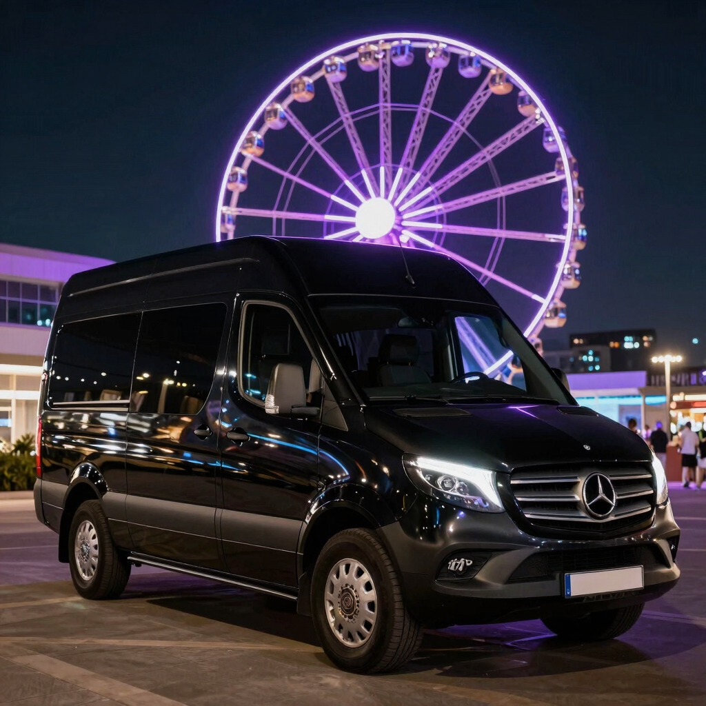 Luxury black Mercedes Sprinter limo van parked at night with a purple glowing ferris wheel in the background.