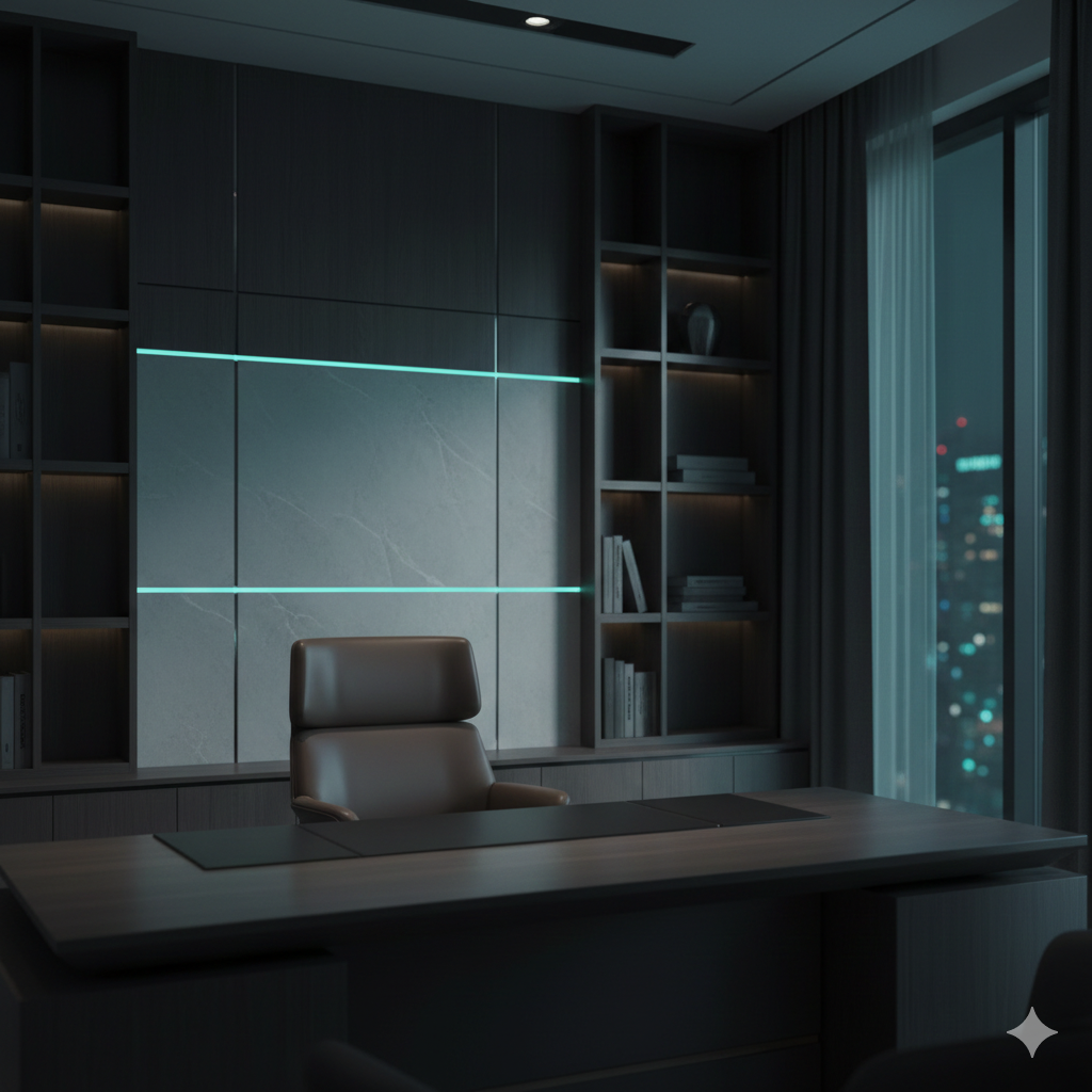 Modern executive home office with sleek dark wood desk, neon lit wall panel, and built-in bookshelves.