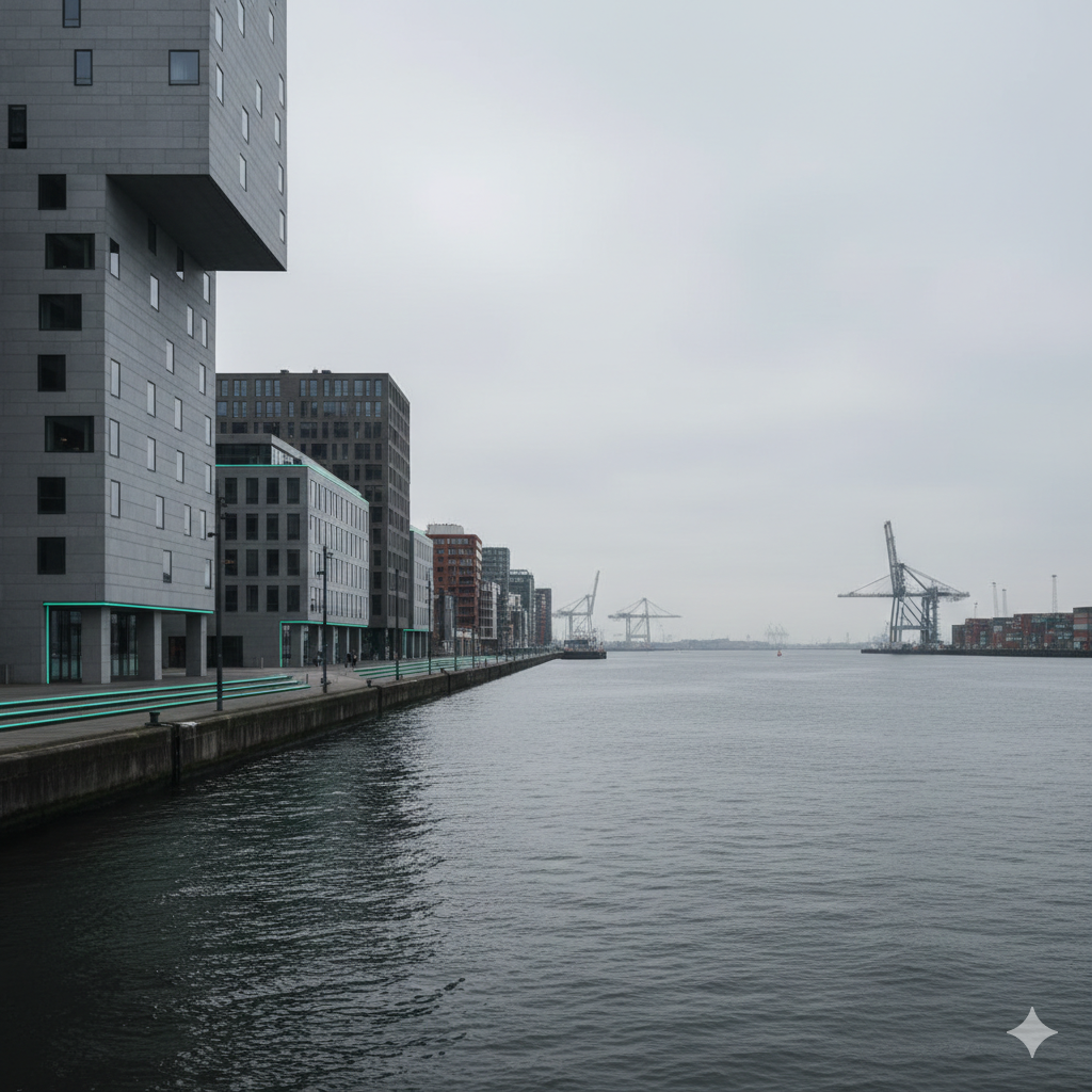 Modern waterfront architecture and industrial cranes at a grey harbor port under overcast sky.