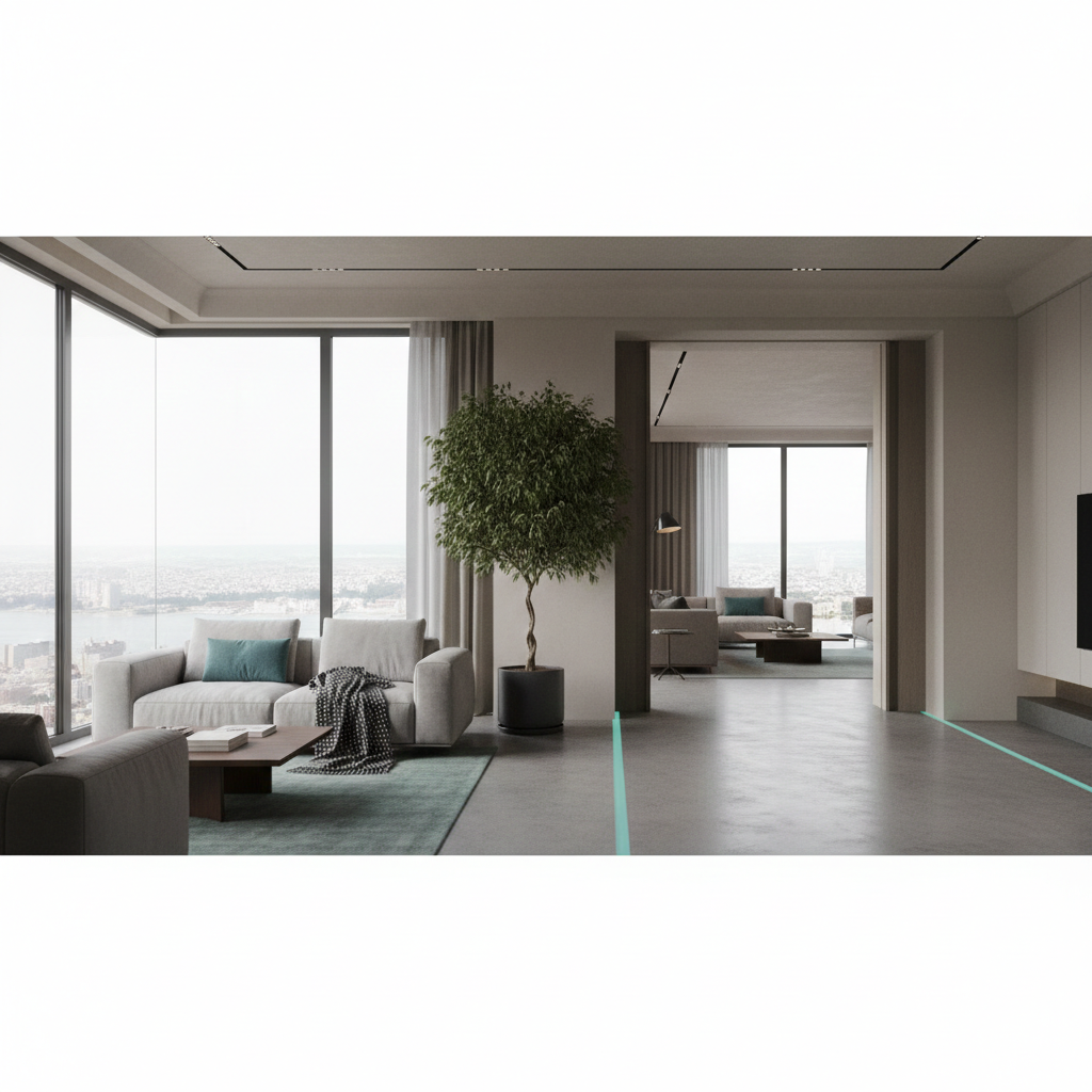 Modern minimalist living room with panoramic city views, sleek gray sofas, and a tall indoor tree.