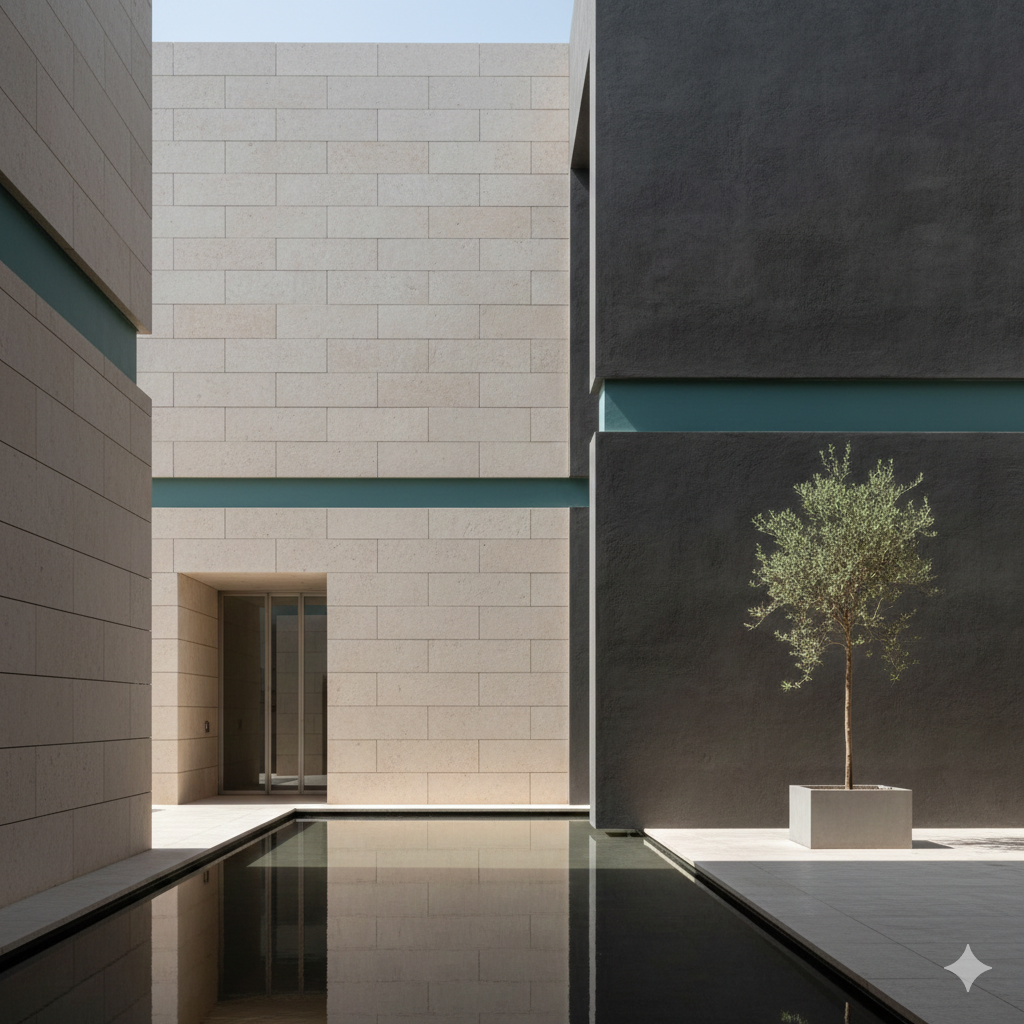 Modern minimalist courtyard featuring a reflecting pool, limestone walls, and an olive tree.
