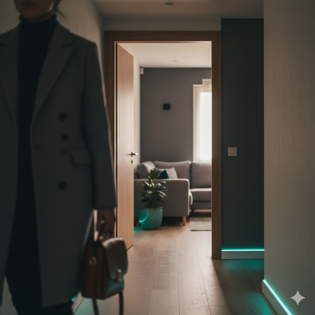 Modern home hallway with neon LED floor lighting strips and person walking towards a living room.