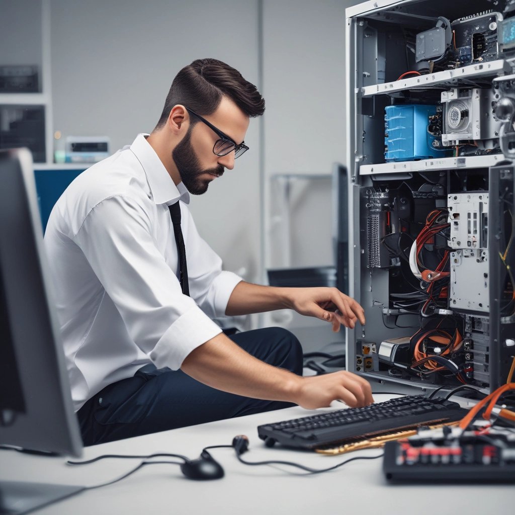 Technician installing a rooftop solar panel under a bright blue sky.