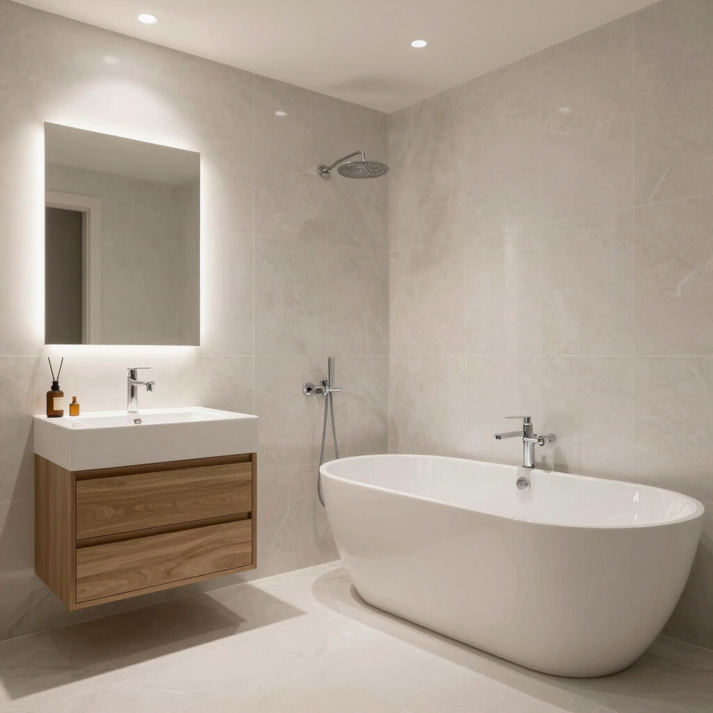 Modern luxury bathroom featuring a freestanding white soaking tub and a glass walk-in shower with gold fixtures.