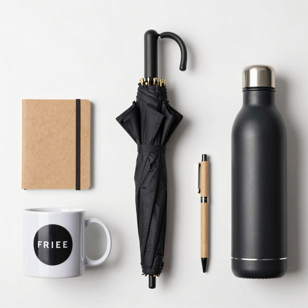 An assortment of promotional merchandise including tote bags, pens, and jute bags on a clean white background.