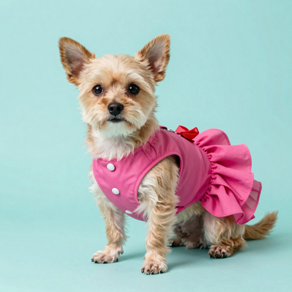 Peludo posando con un tutu rosa con botones blancos hecho a la medida