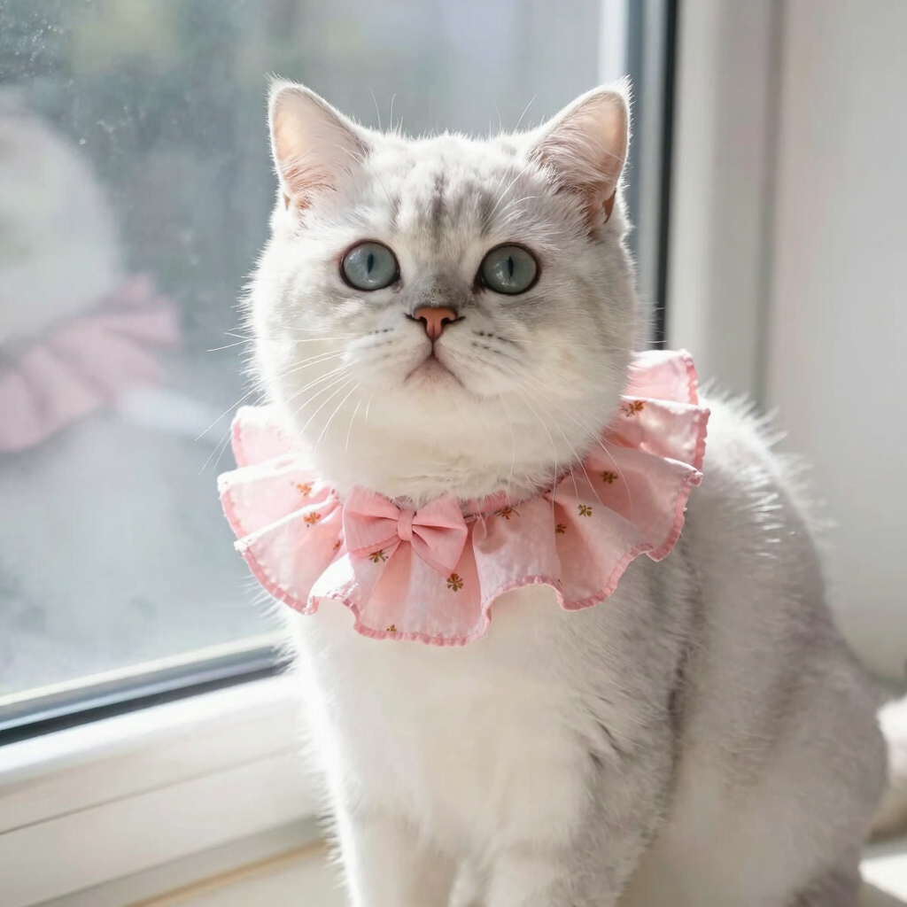 Gata blanca al lado de una ventana con su moño rosa hecho a mano 