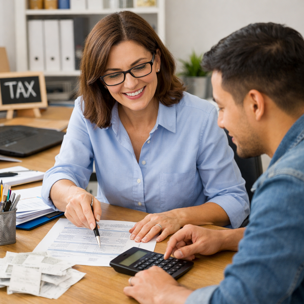 Professional female bookkeeper helping a client with financial documents