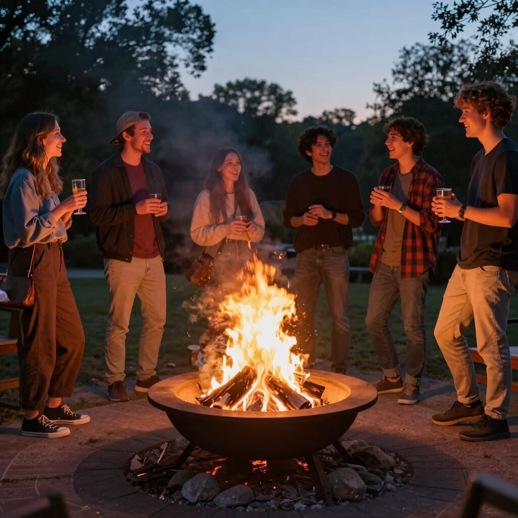 A rugged steel firepit glowing with roaring flames against a twilight forest backdrop.