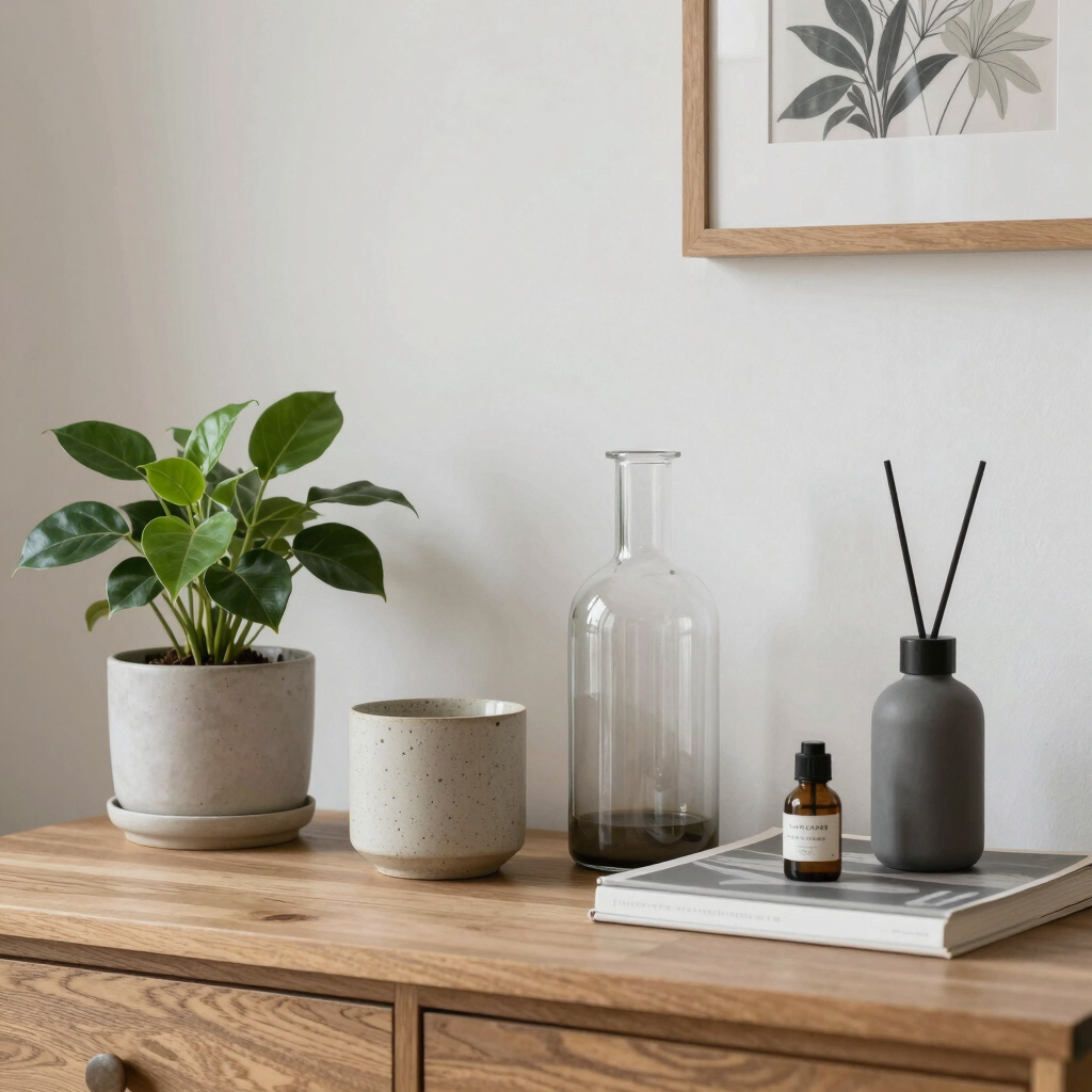 Colorful kitchenware and home gadgets arranged neatly on a wooden table