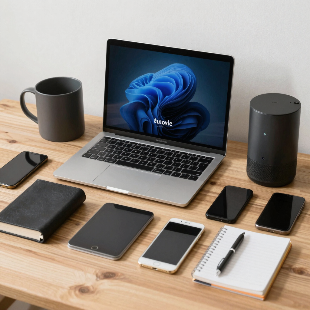 Colorful kitchenware and home gadgets arranged neatly on a wooden table