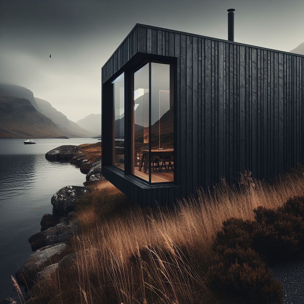 Modern black wooden cabin with large glass windows overlooking a foggy lake and mountain landscape.