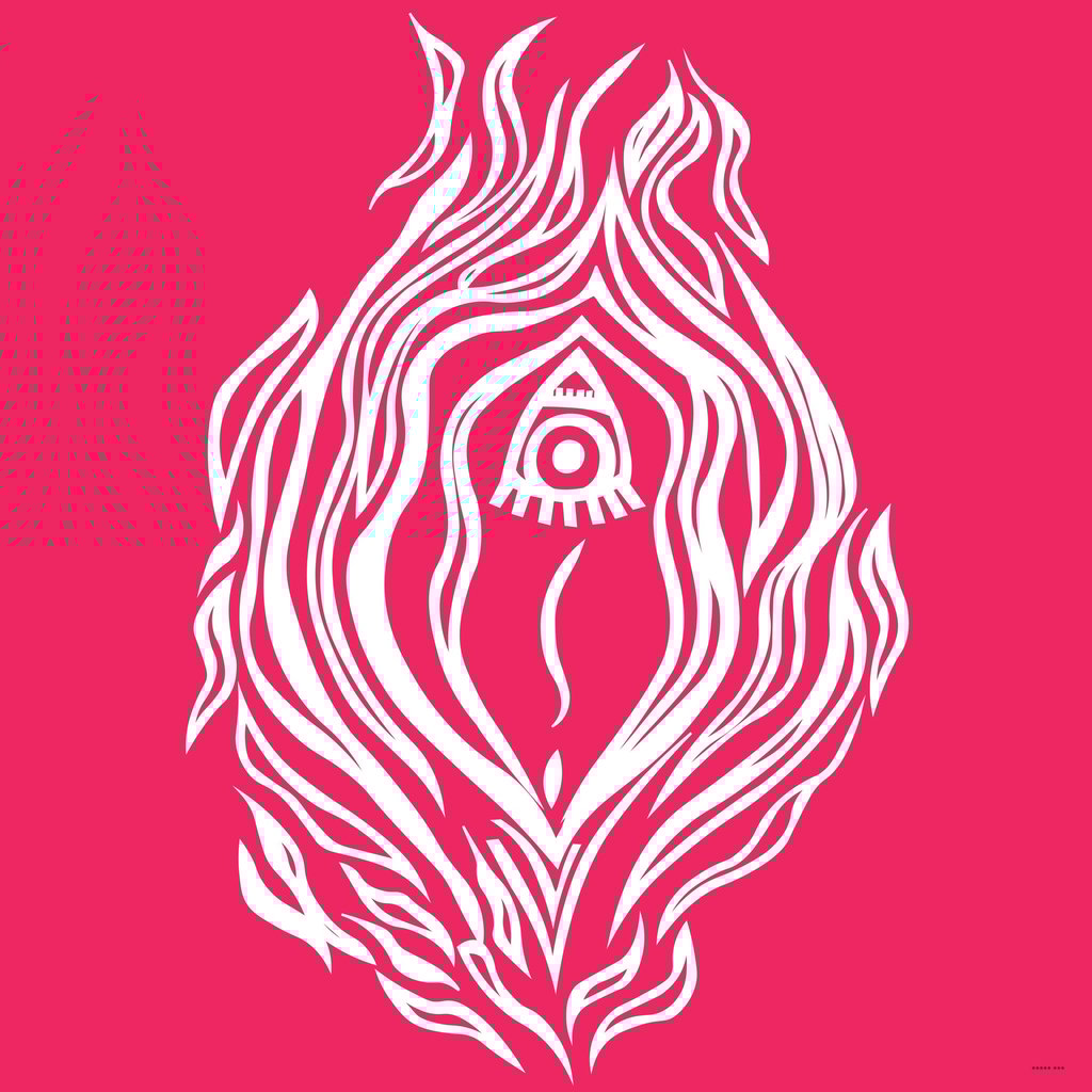 Minimalist white fire graphic design with a central eye icon on a vibrant pink background.