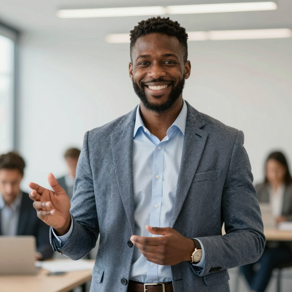 A confident person smiling while working on a business plan