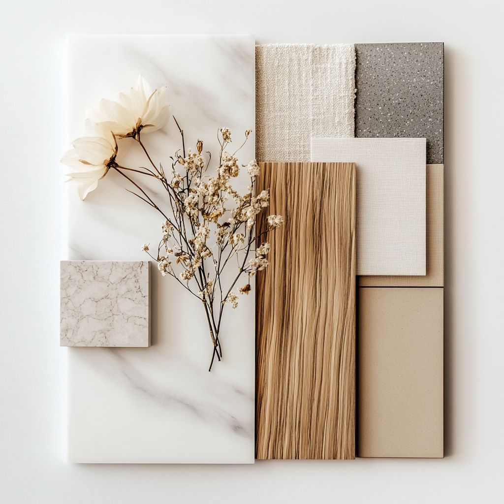 Flat lay interior design mood board with marble tile, wood grain, fabric swatches, and dried flowers.