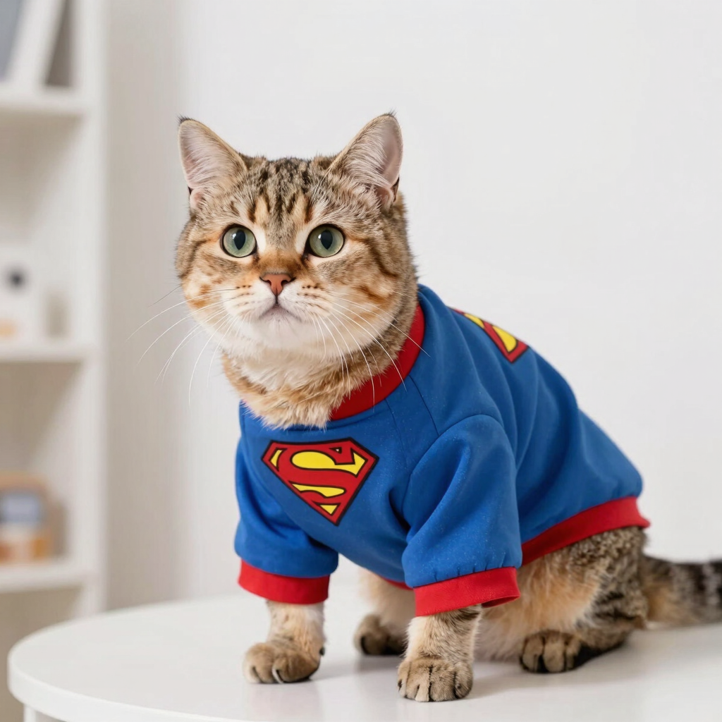 Un lindo gato atigrado con una camiseta azul de Superman, sentado sobre una mesa blanca.