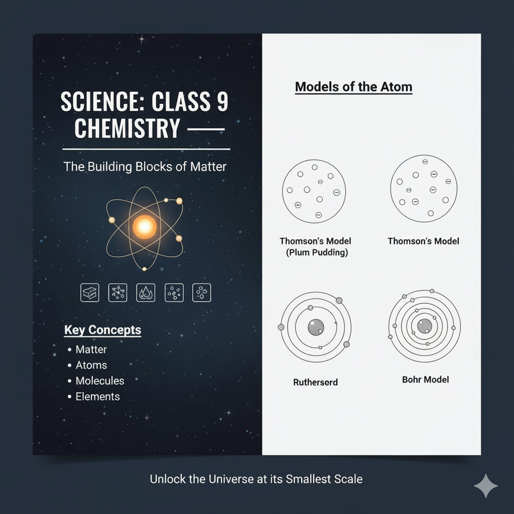 A graphic titled "SCIENCE: CLASS 9 CHEMISTRY — The Building Blocks of Matter." The left side feature