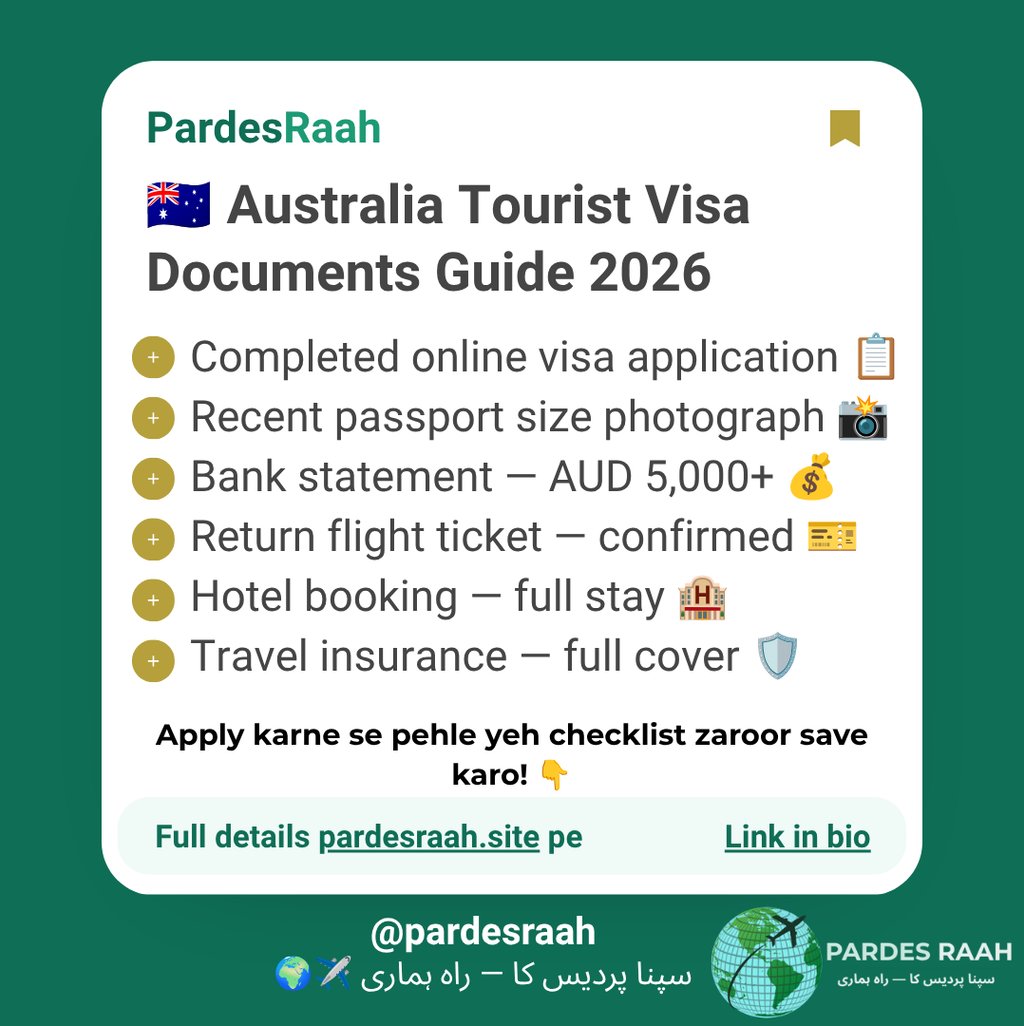Checklist of required documents for an Australia Tourist Visa 2026 including bank statements and travel insurance.