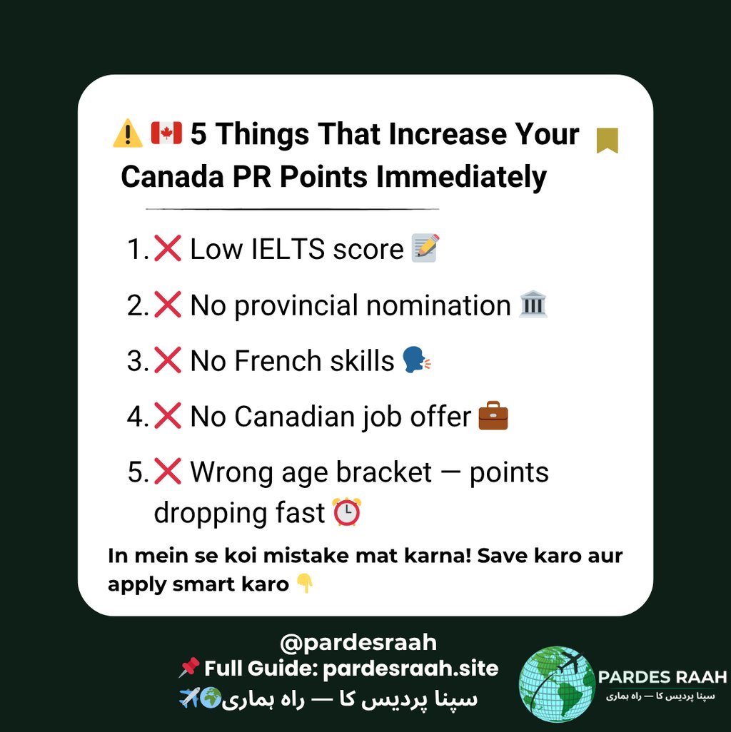 Infographic listing 5 ways to increase Canada PR points including IELTS scores and job offers.