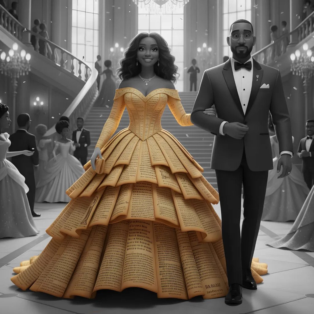 African American congregation member wears ball gown made of Bible pages to fundraiser.