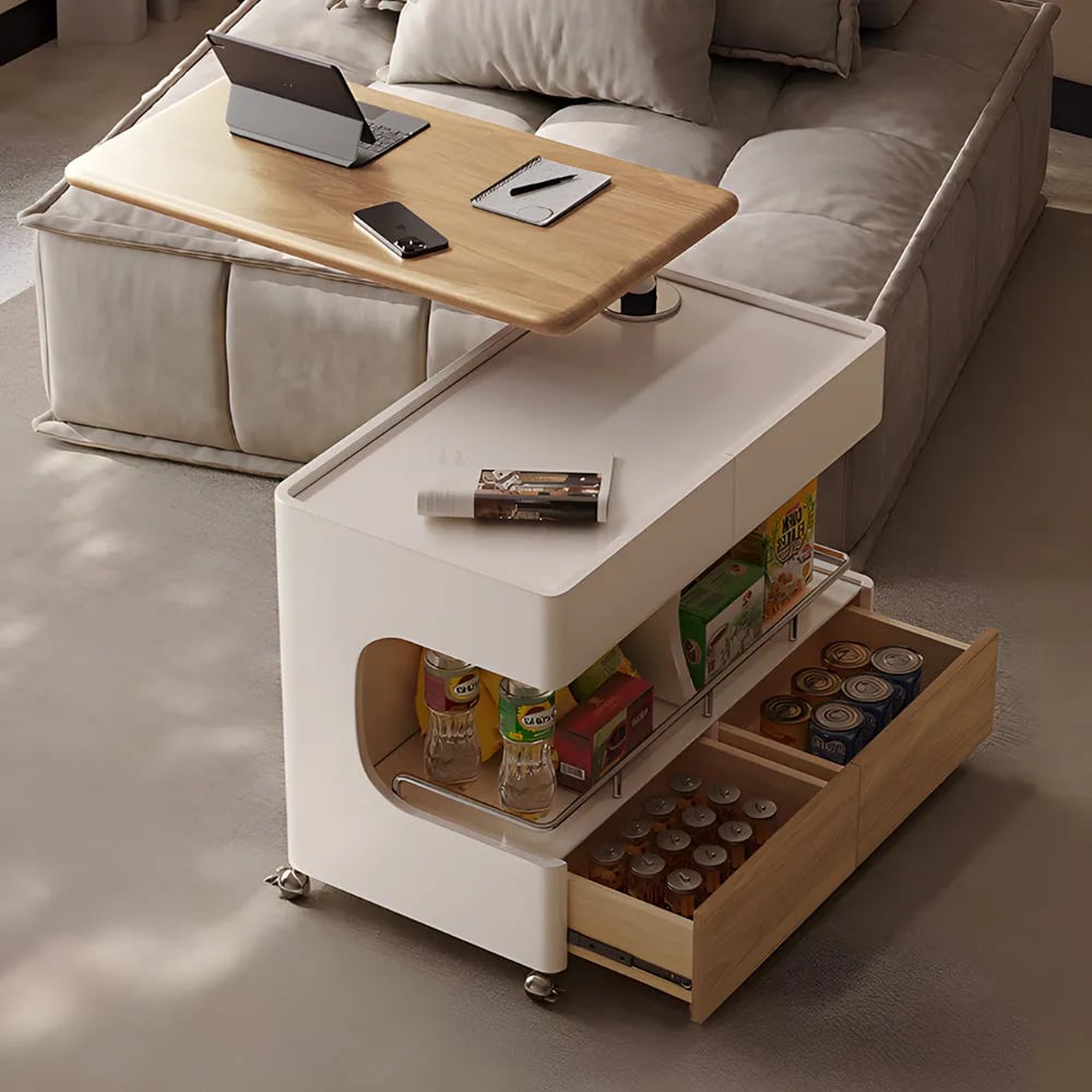 Rotating desktop coffee table showing open drawer storage, multifunctional, coffee table