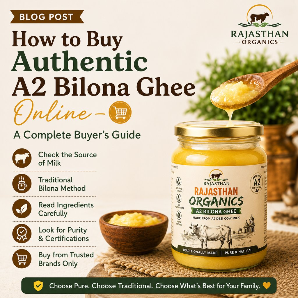 Authentic Rajasthan Organics A2 Bilona Ghee jar featured in a buyer's guide image explaining how to