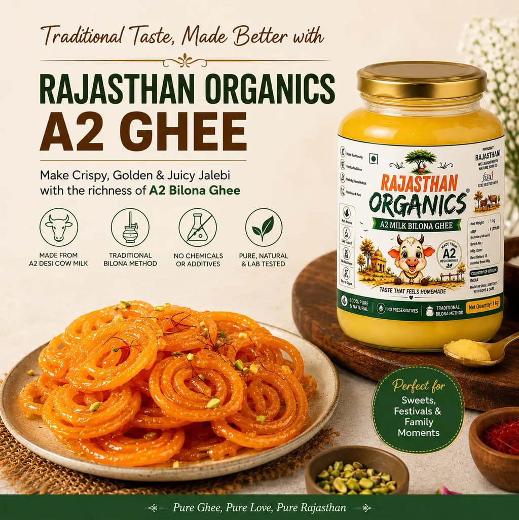 A jar of Rajasthan Organics A2 Bilona Ghee next to a plate of crispy golden jalebi sweets.