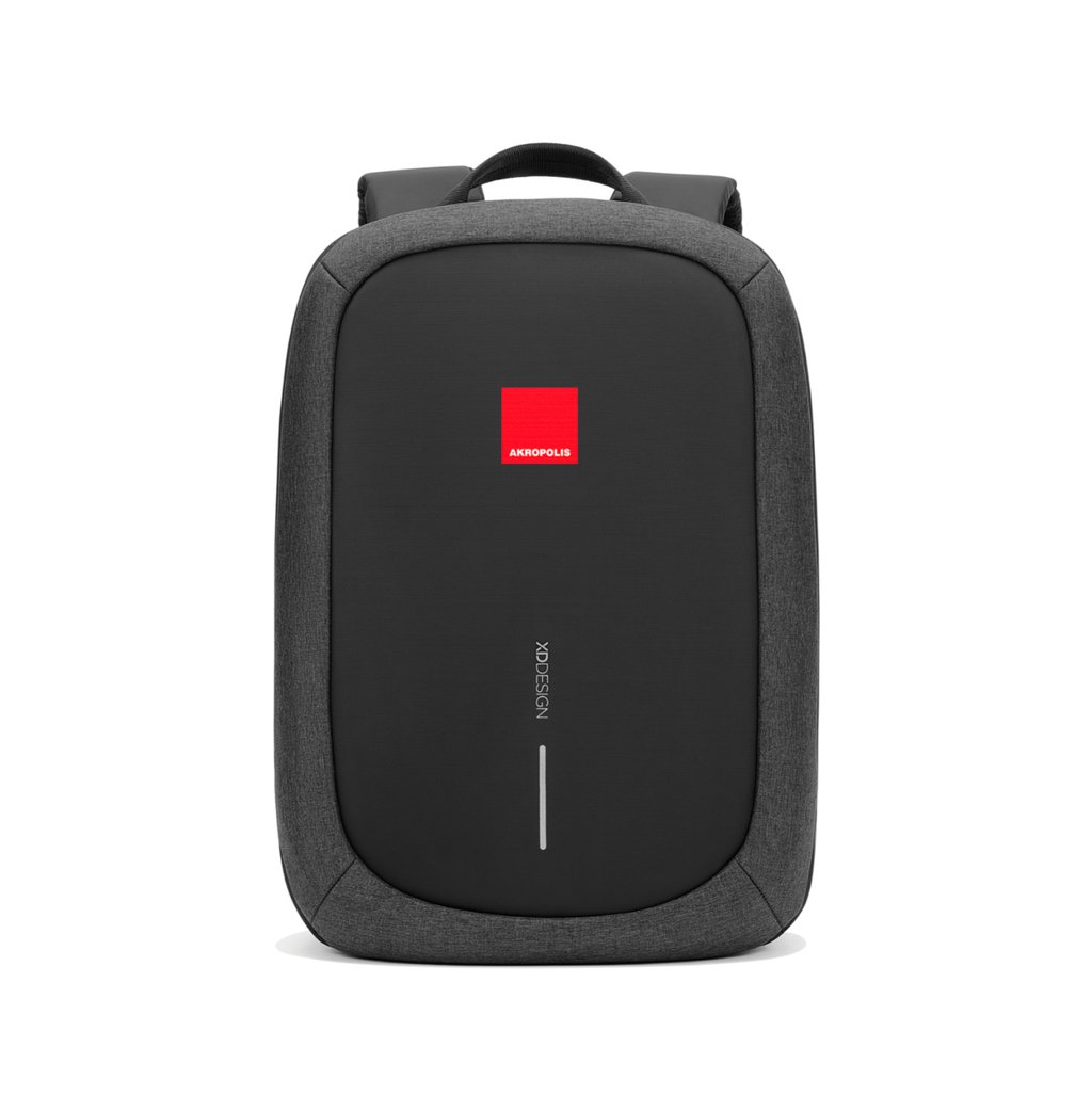 Black XD Design anti-theft laptop backpack featuring a grey fabric trim and a red Akropolis logo.