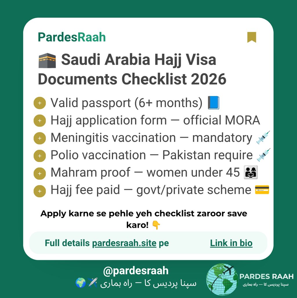 Saudi Arabia Hajj Visa documents checklist for 2026 including passport, vaccination, and fee requirements.