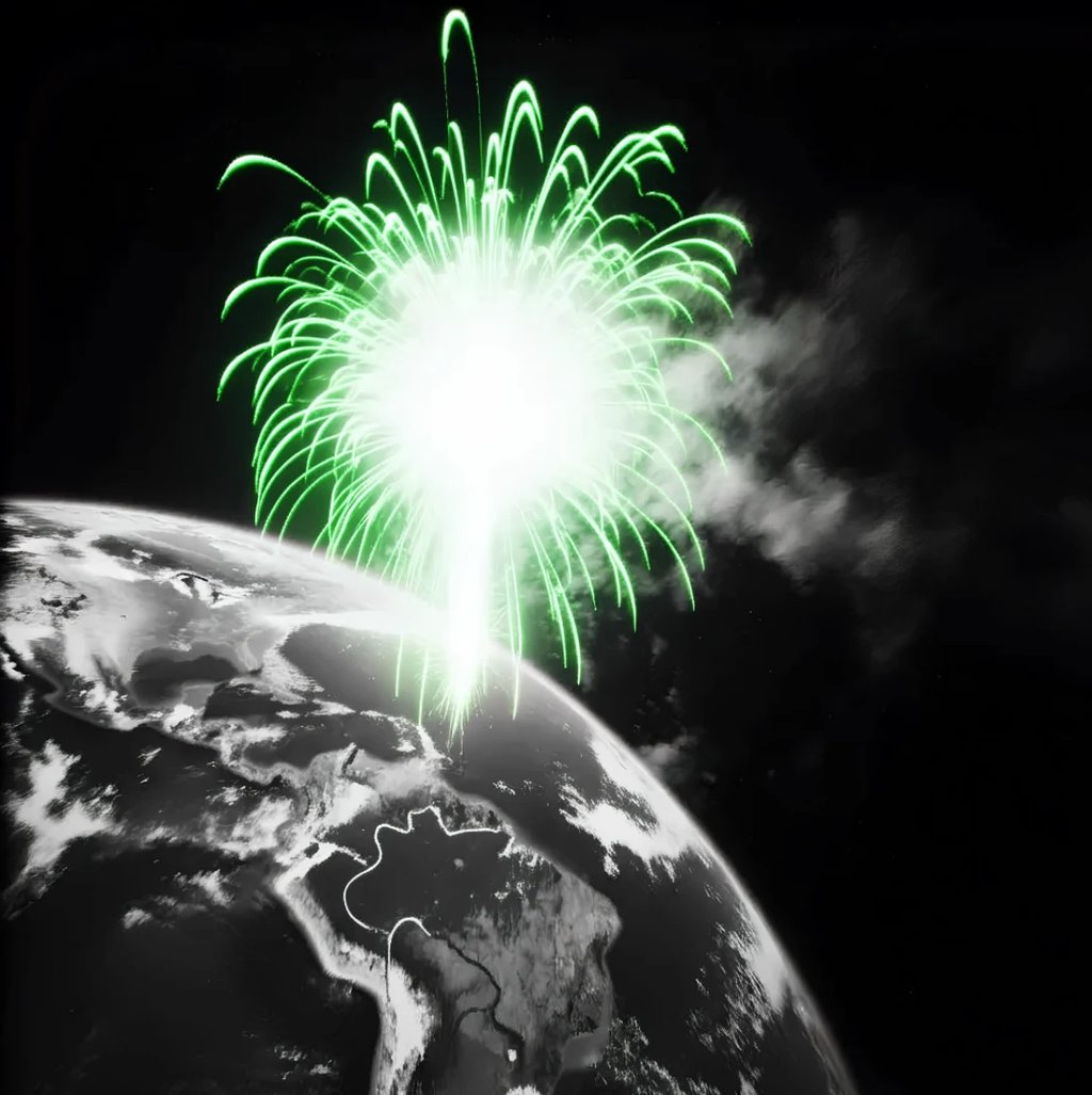 A giant firework display over Brazil the size of a small moon exploding in outer space.  