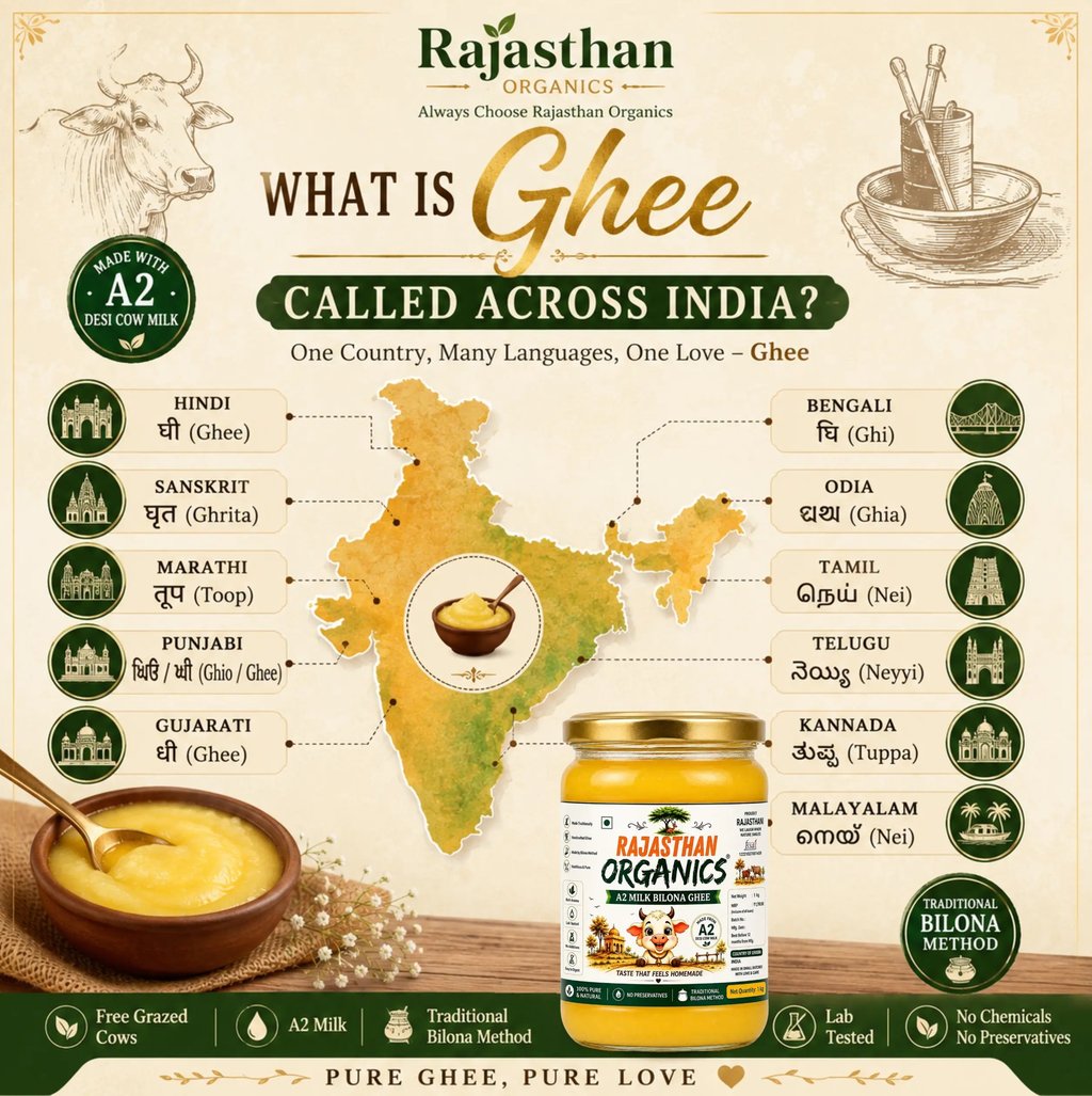 Infographic showing names for A2 Desi cow ghee in different Indian languages like Hindi, Tamil, and Bengali.