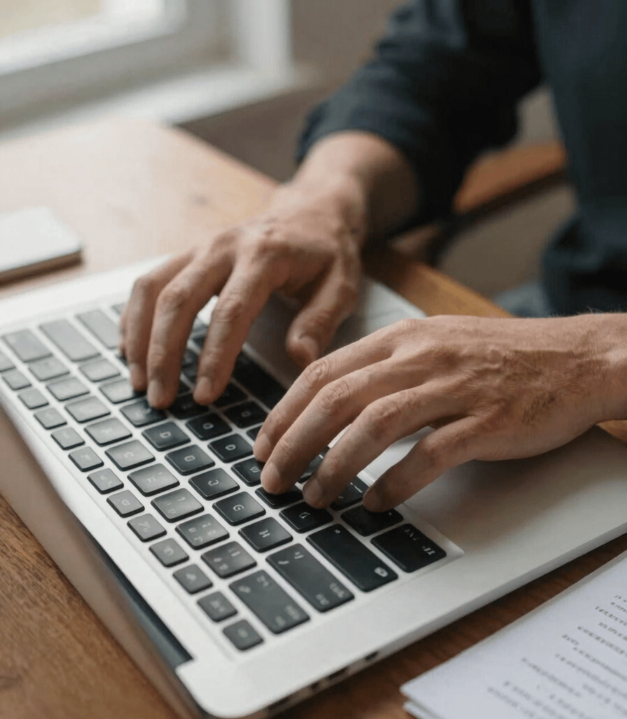Close-up overhead of hands typing on a laptop keyboard on a wooden desk, a printed project brief with handwritten notes beside it, daylight from a window to the left, shallow depth of field, warm natural tones