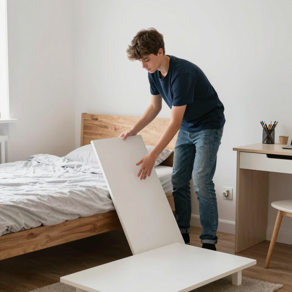 Teen arranging furniture pieces in a small room, moving bed and desk to optimize space and layout