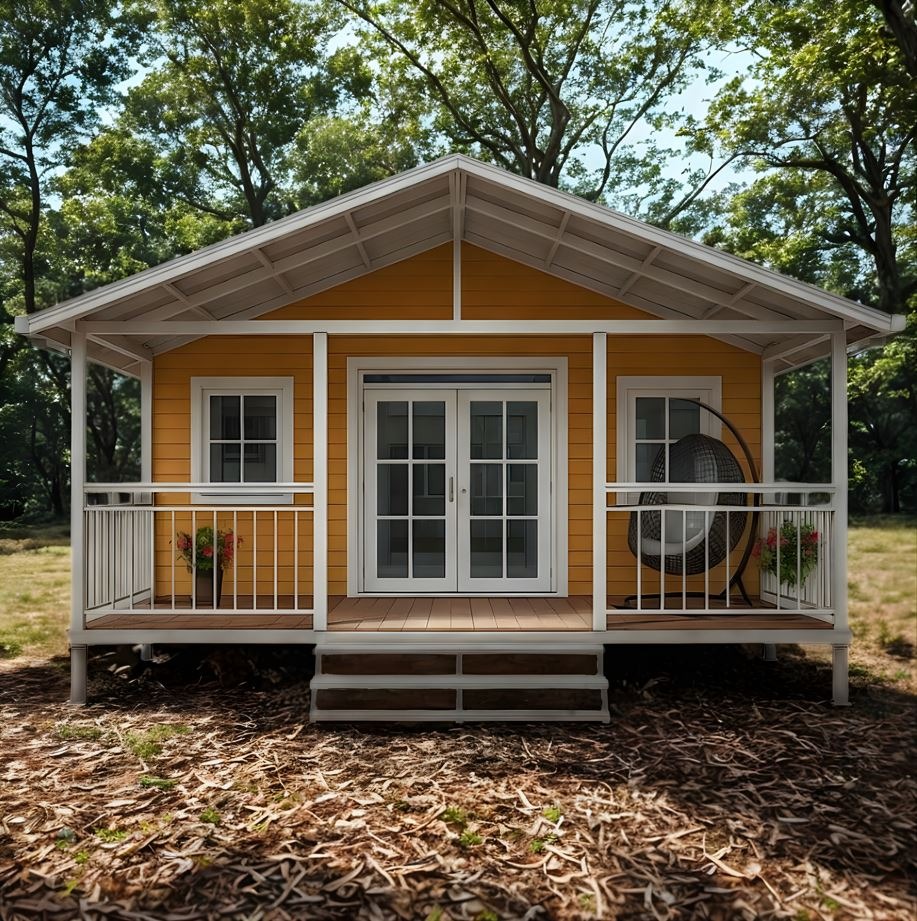 Maison conteneur préfabriquée avec ossature acier blanche en forêt.