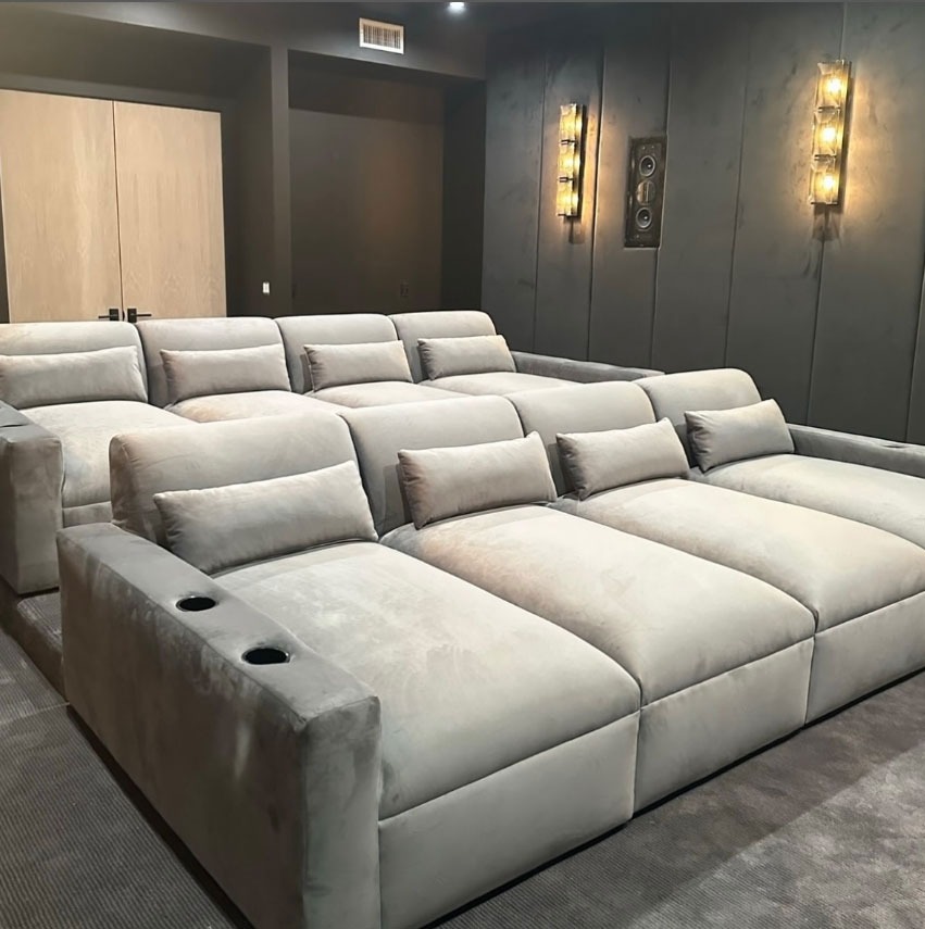 Custom home theater seating in a Los Angeles media room by Solo Home Decor