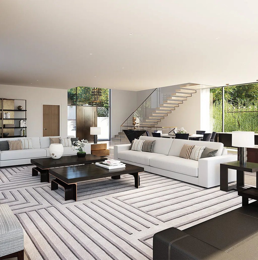 a living room with a couch and a staircase Nour Nagy Designs London interior Design