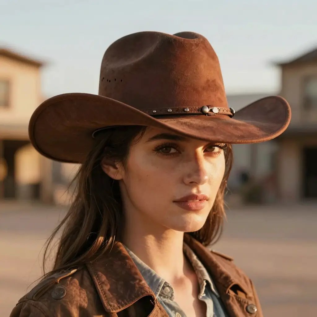 Femme portant un chapeau de cowboy en feutre marron, idéale pour un look western chic et moderne.