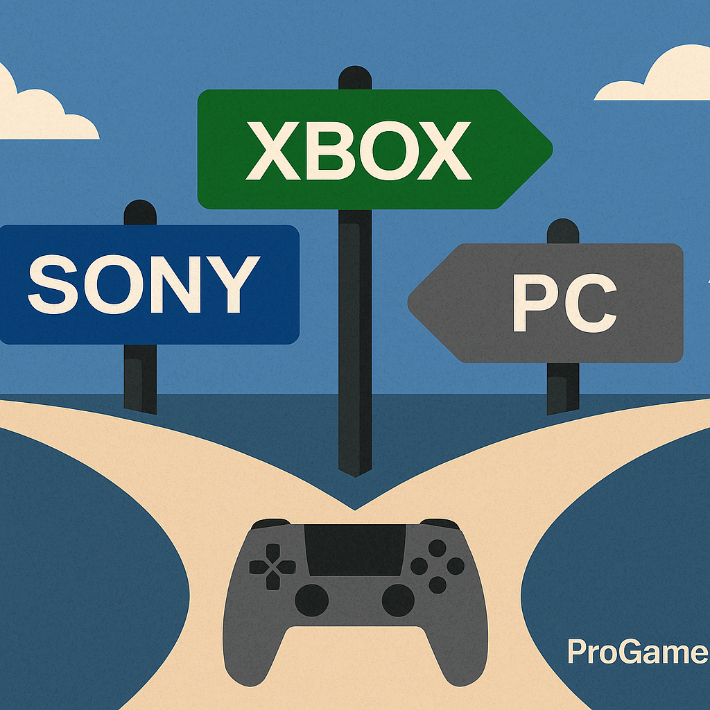 Estrada se divide em três caminhos com placas Sony, Xbox e PC.