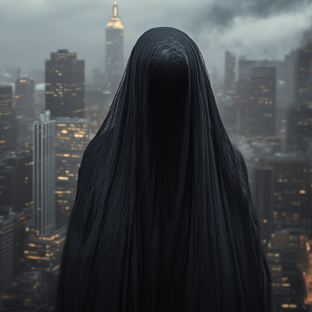Signora vestita di un telo nero, con sullo sfondo una città illuminata.