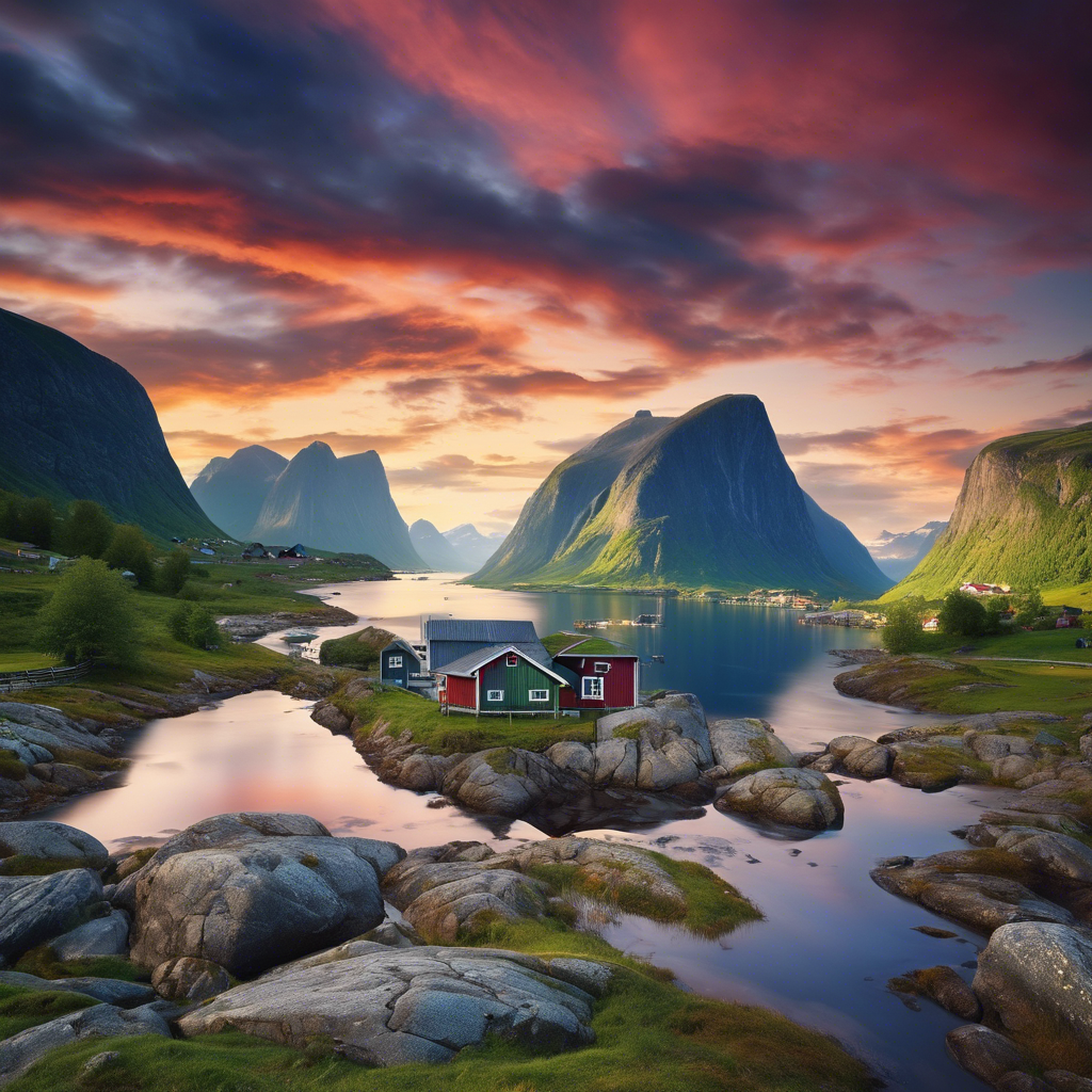 a house with a red house in the middle of a mountain