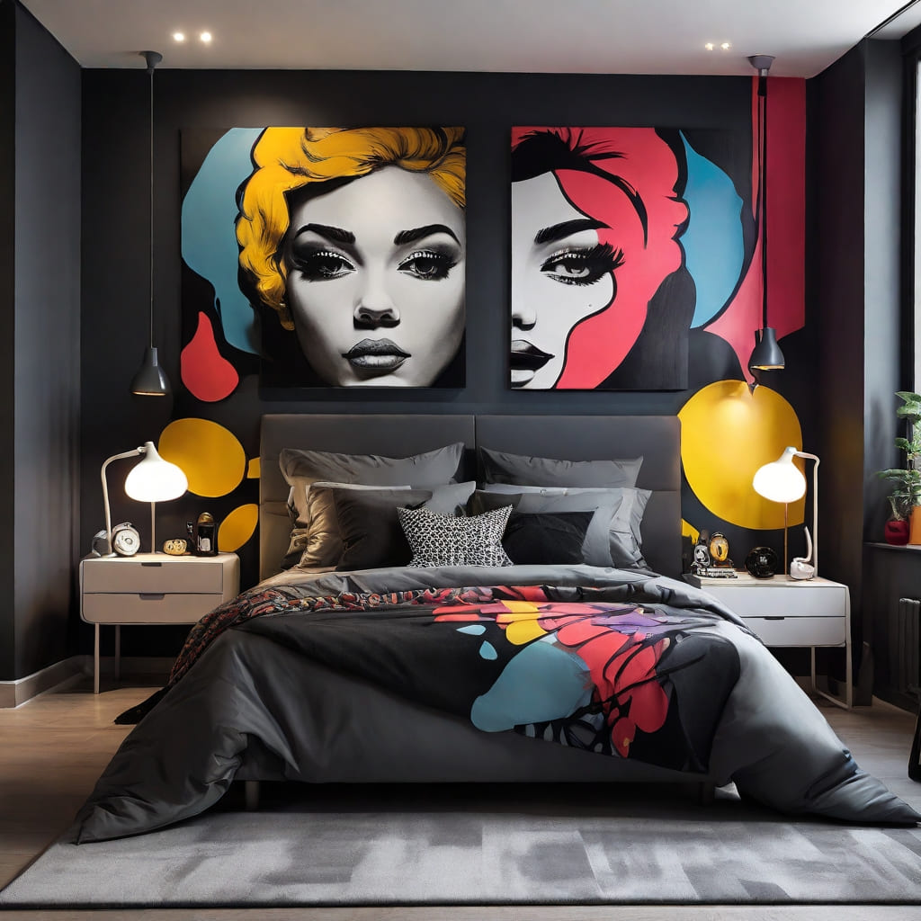 Quarto de casal luxuoso com uma explosão de cores: quadro pop-art na parede