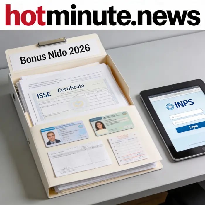 Bonus asilo 2026: cartella “Guest Info 2026” con documenti e moduli su una scrivania accanto a un ta