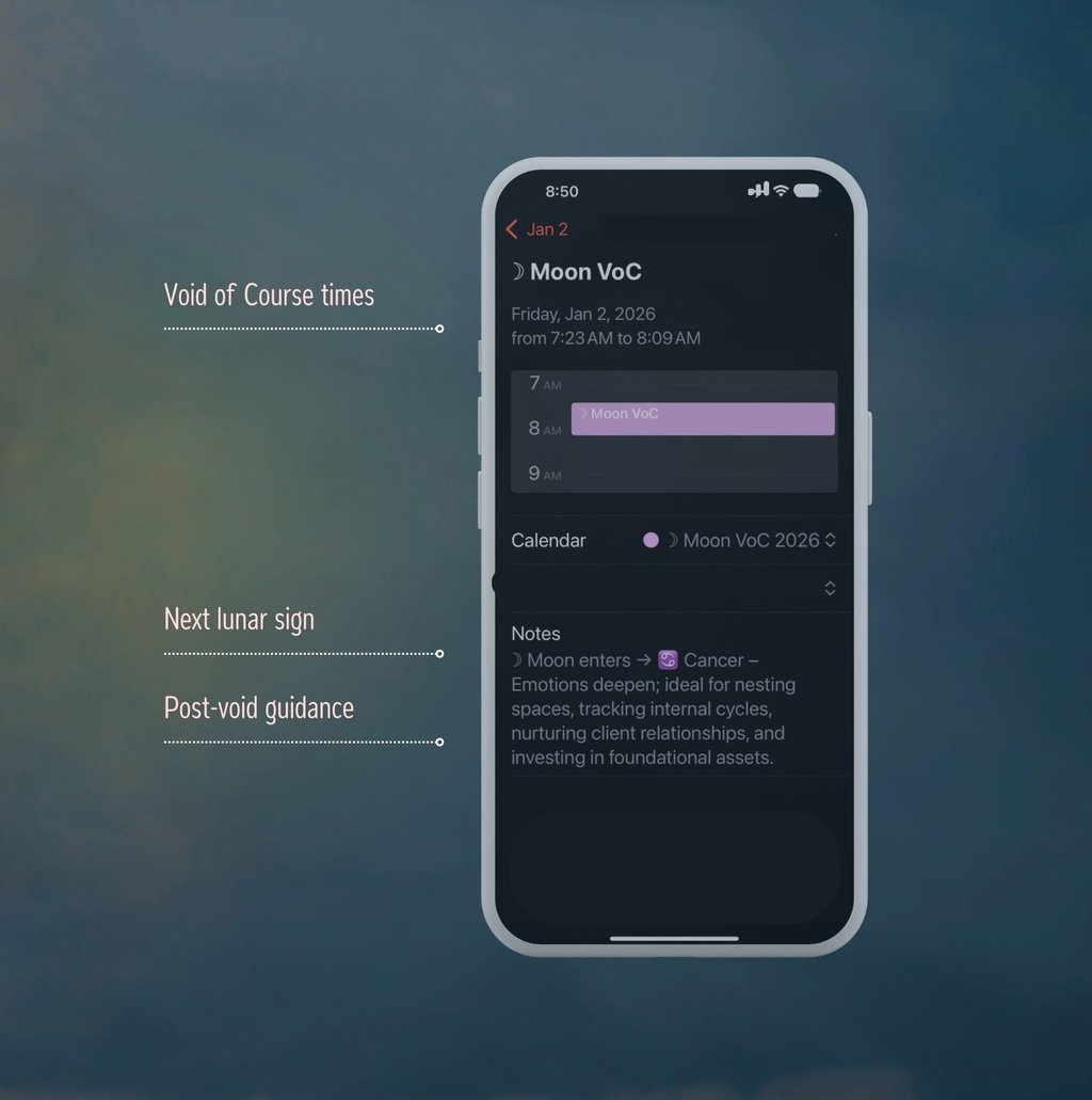 iPhone calendar for solstice, equinox, and Moon VoC