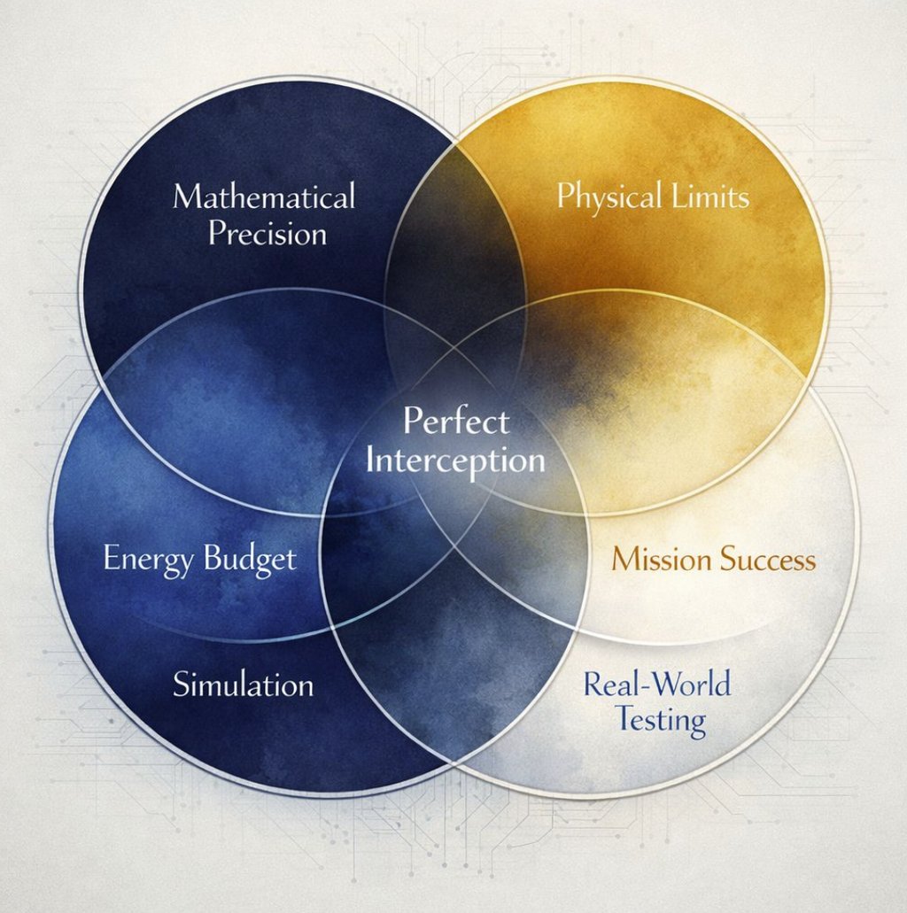 Venn diagram showing how mathematical precision, physical limits, and testing create a perfect interception.