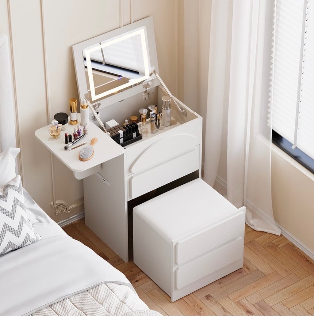 Tiny multifunctional cabinet turns into bedroom vanity with hidden stool