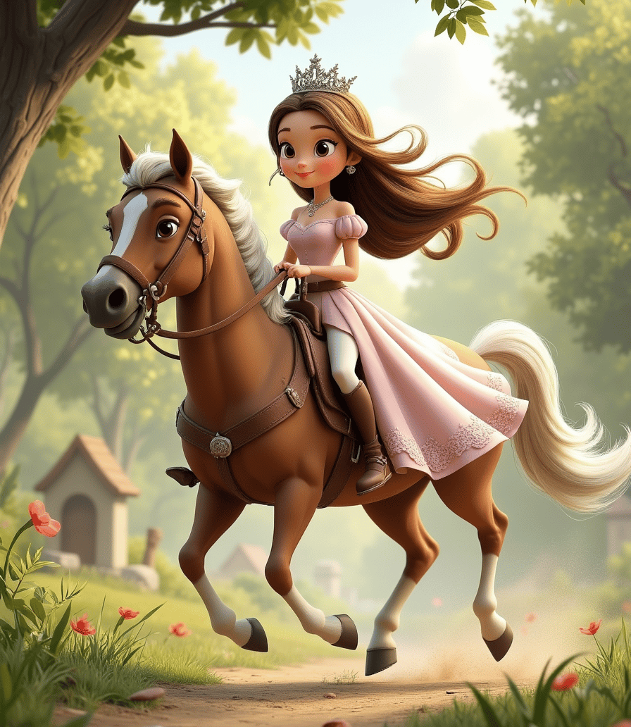 a girl in a princess dress riding a horse
