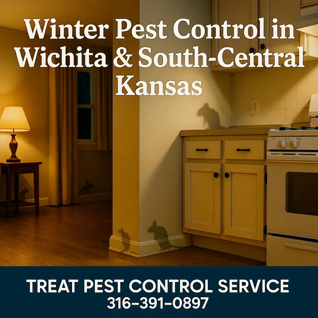 Treat Pest Control technician sealing entry points in a Wichita home to prevent winter rodents.