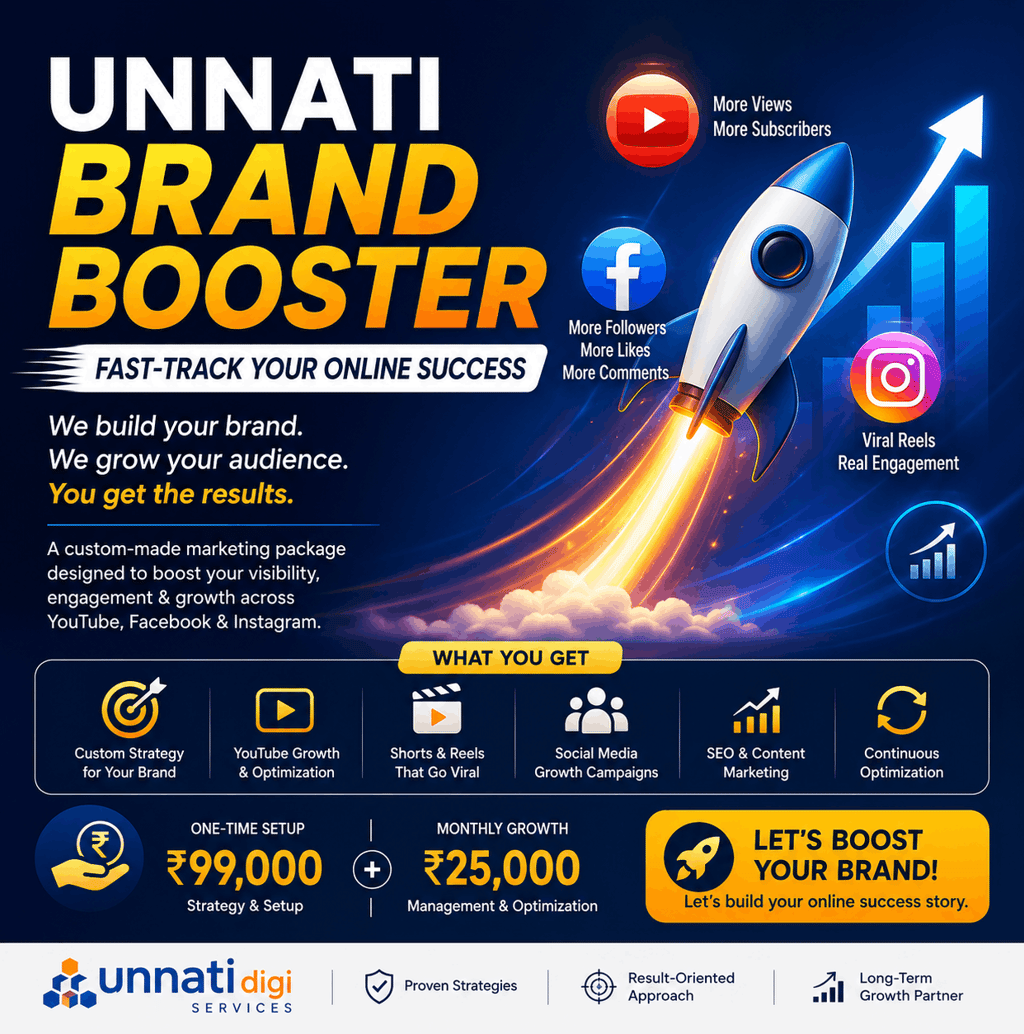 Unnati Digi digital marketing services flyer featuring social media growth, SEO strategies, and a rocket launch graphic.
